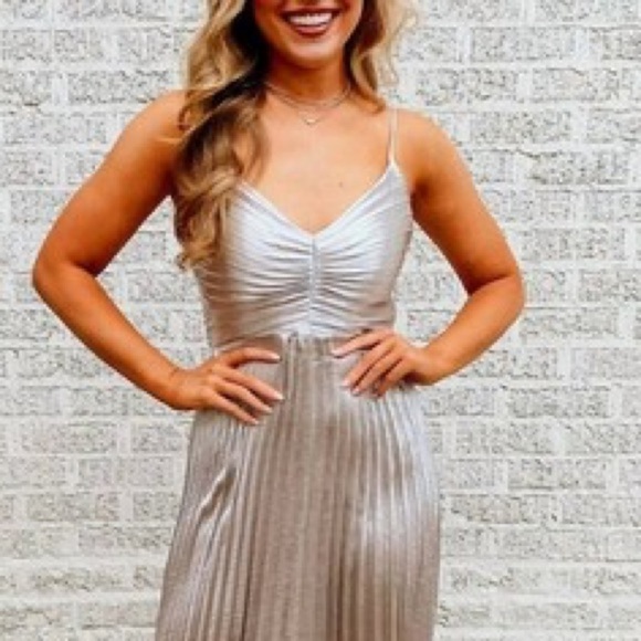 NWT Lucy Paris,Pleated Floor Length Dress In Silver Pewter Elegant Dress,Size M - Picture 7 of 8